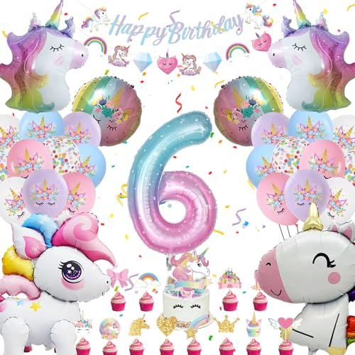 Einhor Geburtstag Deko 6 Jahre, Party Deko 4D Luftballons Stehend, Geburtstagsdeko Mädchen Folienballon Bunt Banner und Tortendeko für Geschenke Mädchen (Set Einhor Deko Kindergeburtstag 6)