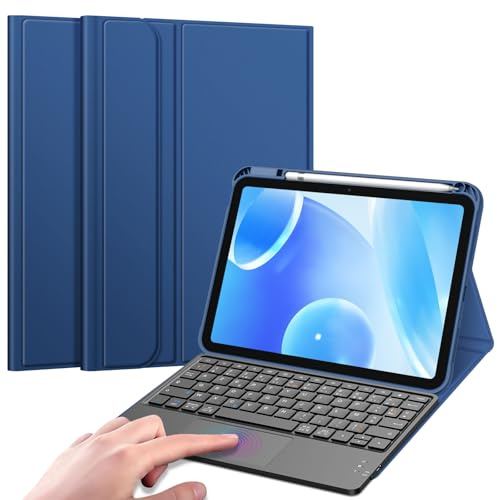 FINTIE Clavier Pavé Tactile pour iPad A16 11 2025/iPad 10e Gen 10.9 2022 | Clavier AZERTY sans Fil Bluetooth, Rechargeable, Coque avec Porte-stylet, Multi-angles, Bleu Naval