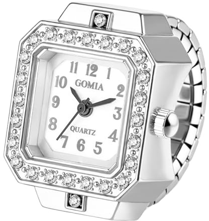 OIDEA Damen Elastisch Quadratisch Ringuhr: Voll Diamant Besetzt Vintage Rechteckig Herz Fingerring Quarz Uhr Analog Arabischer Ziffern Stilvoll Vintage Retro Damenuhr für Frauen Freundin