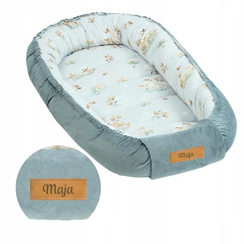 Flumi Babynest Kokon Baby Kuschelnest wendbar aus Baumwolle und Velvet, OEKO-TEX, personalisierbar mit Namen, für Neugeborene (graue Schwäne)
