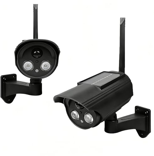 WIYETY 2 pezzi Solar Dummy camera: videocamera di sorveglianza finte con luce LED rossa lampeggiante, funzione di rotazione IP66 CCTV, telecamera di sicurezza per esterni