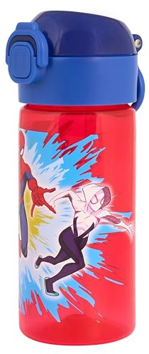 Marvel Spider-Man 420ml Polypropylene Water Bottle with Push Button Lid and Ring Handle by Polar Gear, Featuring Miles Morales and Ghost Spider, Ages 48+ Months, Red & Blue