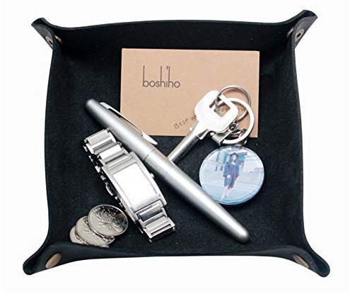 boshiho Herren-Tablett für Herren, Leder-Schmuck, Catchall, Schlüssel, Handy, Münzbox, Kleingeld, Nachttisch, Aufbewahrungsbox (Crazy Horse Leder, schwarz)