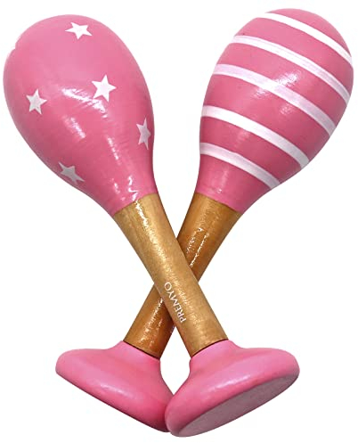 PREMYO Hochet Bébé Maracas Jouet en Bois - Instrument de Musique Enfant Fille Garçon - Bandes Rose Blanc