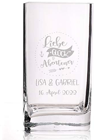 Herz & Heim® Schicke Vase für Paare zu Hochzeit, Valentins- oder Jahrestag, mit Personalisierung graviert (Liebe, Glück & Abenteuer)
