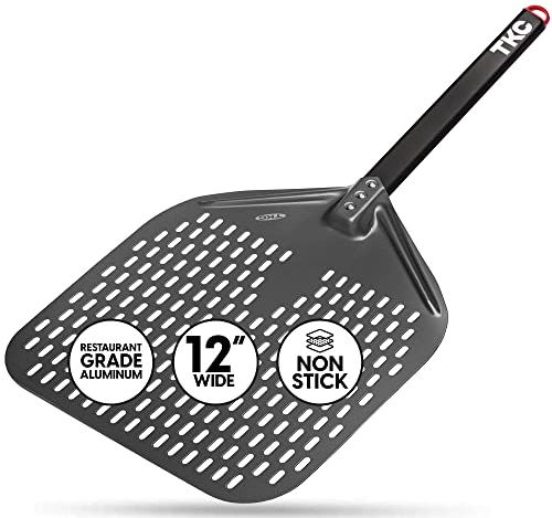 TKC Perforated Pizza Peel - 12 Metal Pizza Turner compatible with Ooni Ovens, Indoor & Outdoor Use, Durable and Heat-Resistant Handle, Lightweight Pizza Spatula (Black)