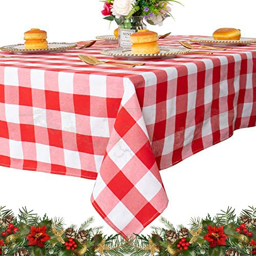 Karierte Tischdecke, 139,7 x 139,7 cm, quadratische Tischdecke, für Party, Camping, mit Karomuster, rustikaler Landhausstil, Karierte Tischwäsche (140 x 140 cm, rot und weiß)