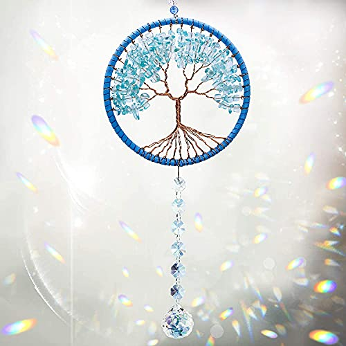 Cosylove Suncatcher Kristall Baum des Lebens Anhänger Auto Spiegel Hängender Kristall Ornament Prisma Regenbogen Fenster Garten Dekoration Blau