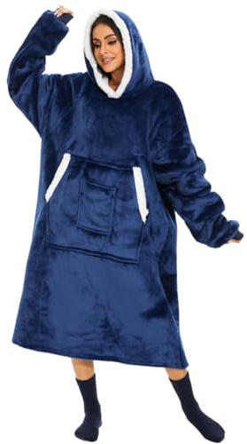 Gogola Hoodie Decke Unisex,Oversized Pullover Decke ,Super Dicker weicher Decken Hoodie,Deckenpullover geeignet für Erwachsene, Männer, Frauen, Jugendliche,Blau