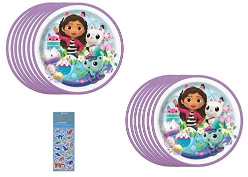 Unique Gabbys Dollhouse Birthday Party Supplies Bundle Pack includes Lunch Paper Plates and 1 Dinosaur Sticker Sheet - 16 Plates