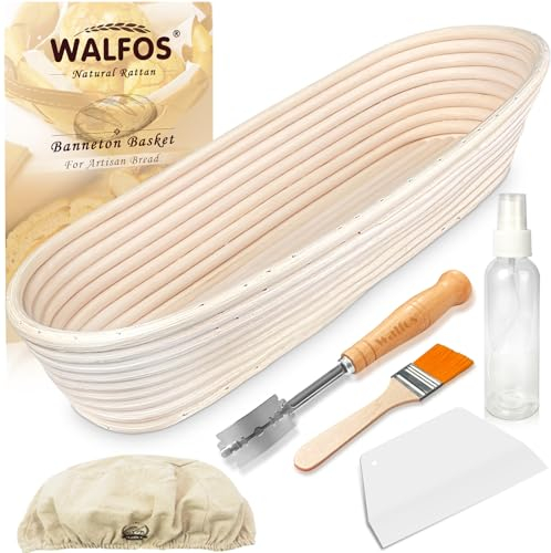 Walfos® Gärkorb Oval 35cm, Natürlicher Rattan Gärkörbchen Set, Hochwertiger Brotbackkorb gärkorb, Inklusive Bäckermesser, Teigschaber, Sprühflaschen&Leinenbezug,Ideal für Familie & Profi-Backen
