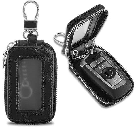 Ouligay Funda de cuero para llavero de coche, llavero universal de con cierre de cremallera, llavero remoto con gancho de metal para hombres y mujeres, Negro
