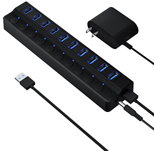 ONFINIO Powered USB Hub 3.0, 10-Port USB Splitter Hub with Individual On/Off Switches and 12V/2A Power Adapter USB Extension
