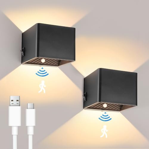 GeyouLux 2 Stück 3000mAh Akku Wandleuchte mit Bewegungsmelder Innen 5W Aufladbare Wandleuchte Innen Ohne Stromanschluss mit 3 Modi 3000K Wandlampe Innen Akku für Treppe Flur Wohnzimmer Schlafzimmer