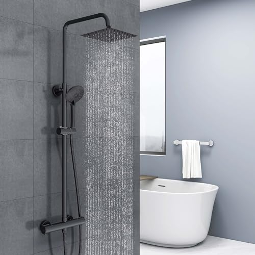 Biubiubath columna de ducha termostática con mezclador termostático, ducha de mano tres funciones, negro, columna de ducha regulable en altura 735-1170 mm (cuadrado 2)