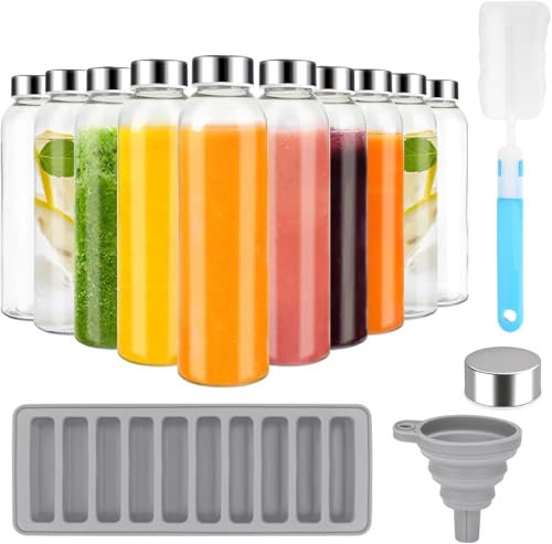 KAHEIGN 10 Piezas Botellas de Vidrio con Tapa Hermética de Acero Inoxidable, 540ml /18oz Jarra para Jugo a Prueba de Fugas Transparente Reutilizable con Limpieza Cepillo, Embudo, Hielo Palitos Bandeja