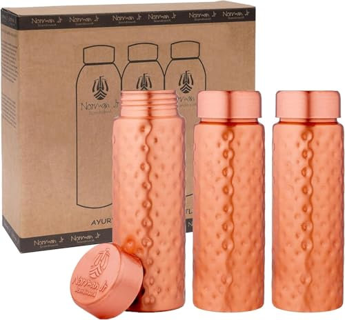 NORMAN JR Copper Water Bottle 400ml - Gift Box of 3, Slim Hammered, an Ayurvedic vessel made from pure copper - helps you drink more water, with many health benefits
