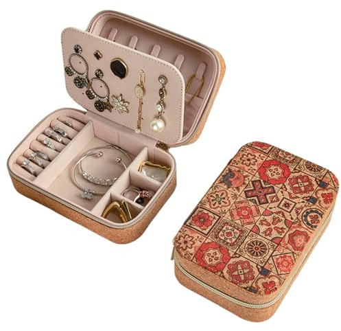 Pasdrucn 17x11.5x5.7cm Reise Schmuckkästchen Klein, Doppelschicht Schmuckkasten Kork, Reiseschmuckaufbewahrung Reise Für Damen Kork, Schmuckkasten Damen, Mini Schmuckbox Für Ringe, Ohrringe (D)