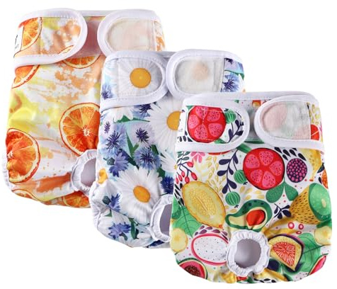 Hisprout 3-Pack Female Dog Diaper Highly Absorbent Incontinence Reusable Washable Breathable Durable Doggie Diapers Pants Dog Season Pants(L,Fruits)