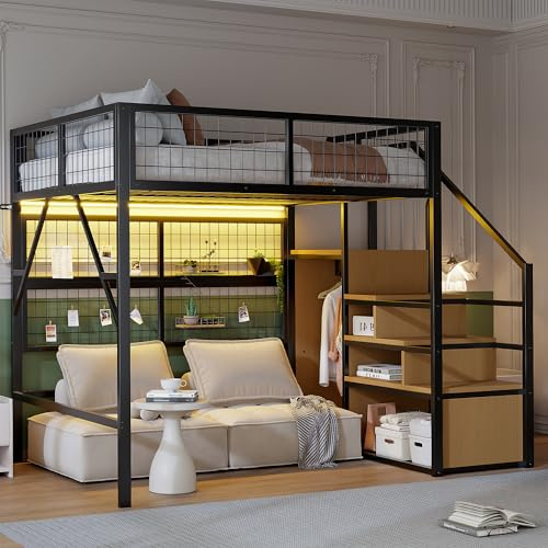Eisenbett, Etagenbett 140*200, Geeignet für Kinder und Jugendliche Vielseitiges, Metall-Hochbett mit APP-gesteuerten LED-Lichtleisten Treppe mit Stauraum, offenem Kleiderschrank (Schwarz, 140x200CM)