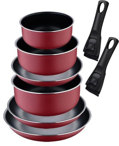Click&Cook Set mit 3 Pfannen Ø 18 x 20 x 24 cm mit abnehmbarem Griff + 3 Töpfe Ø 16 x 18 x 20 cm mit abnehmbarem Griff - aus gepresstem Aluminium, Farbe: Rot Bergner
