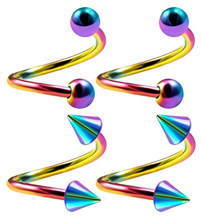 KJM FASHION 4 STK Eloxiert Regenbogen Spiral 1.6 mm 14 Gauge 8mm 5/16 Inch 4mm Kugel Und Kegel Tragus Cartilage Helix Lip Ohrringe Piercing Schmuck 2968