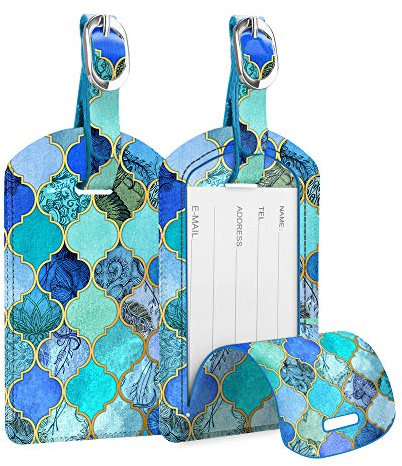 [2 Stück] Fintie Kofferanhänger aus Kunstleder, Gepäckanhänger ID Etikett mit Adressschild Namenschild für Reisetasche Koffer, Mint Jade