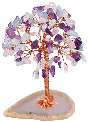 mookaitedecor Ametista acquamarina quarzo rosa pietre burattate albero dei soldi, pietre preziose Feng Shui ornamenti curativi statuette albero di cristallo, fetta di agata geode quarzo stand
