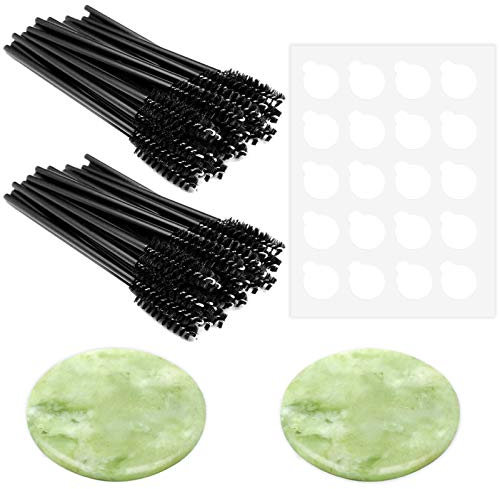 2 Pack Eyelash Extension Jade Stone Holder with 50 Pieces Mascara Brushes Wands Applicator and 20 Pcs Adhesive Glue Pallet Sticker Pads for Fake Eye Lash Base Lash Glue Cosmetic Makeup Tool Supplies