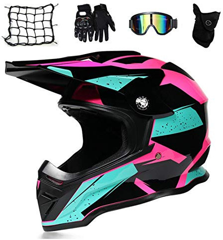 MRDEAR Casques Cross Femme Rose, Casque Motocross avec Goggle/ Gants Moto/ Masque/ Filet à Elastique, Casque VTT Integral Enduro Moto Velo Quad ATV Scooter, Doublure Amovible,M