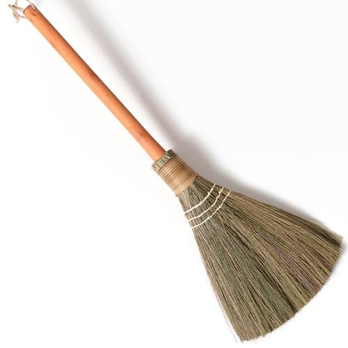 TTS For Home Vietnam Handmade Straw Broom with Orange Wooden Handle - Soft Natural Grass Whisk Broom for Home, Kitchen, Bedroom & Garage, 12.2 Wide x 27.95 Long