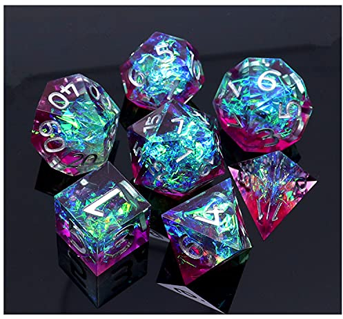CREEBUY Polyedrisches DND-Würfel-Set aus Kunstharz, lila und seeblau, handgefertigte Galaxie-Würfel mit Geschenkbox, Fantasiewürfel für Mädchen mit hübschem Füllstoff