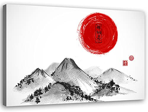 Feeby Vlies Leinwandbild XXL Rote Sonne Berge Japan 120x80 cm Wandbild Kunst Bilder Schlafzimmer Deko Wohnzimmer Kanji Orientalisch Osten Asien Rot