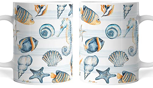 Set Tazze Colazione Estate a Tema Mare con Pesci Coralli Conchiglie Stella Marina e Cavalluccio Marino Mug Caffè Tè in Ceramica (6)