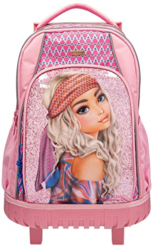 Depesche 11991 TOPModel Seventies - Schulrucksack mit Glitzer, Model-Motiv und coolem Herz-Muster, Trolley für Kinder mit 3 Fächern, Teleskopgriff und Rädern, Pink, Rosa, Rot, Wasserdicht