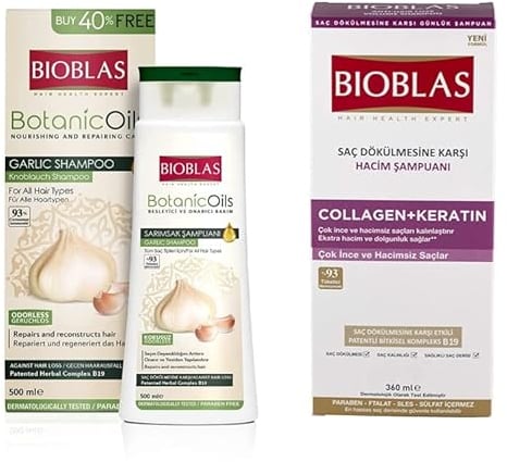 Bioblas Shampoo Sparset 360ml Collagen und Keratin + 500ml Knoblauch Shampoo