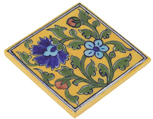 GURU SHOP Handbemalte Indische Keramikfliese, Vintage Keramik Untersetzer - Motiv 9, Gelb, 10x10x1 cm, Untersetzer, Tabletts