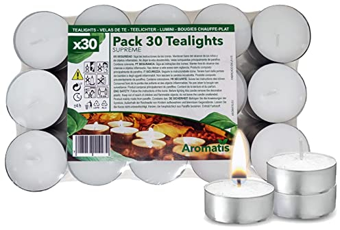 AROMATIS - 30 x Velas de Té Blancas Individuales Sin Fragancia - Candelitas sin Olor 39 mm Diámetro - Duración Aprox 4 h - Ideal Calientaplatos, Decoración, Ambientación, Quemador Esencias