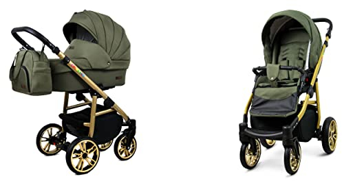 BabyLux Color Lux 2-in-1 Baby Kinderwagen Tief und Kinderwagen mit Zubehör Verstellbar und faltbar Aluminiumkonstruktion Wasserdichte Nicht abnehmbare Räder Olive Gold Frame