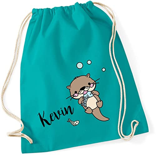 minimutz Personalisierter Turnbeutel für Mädchen Jungen mit Namen | Motiv Otter mit Fisch | Stoffbeutel mit Kordel zum Zuziehen | Geschenk-Idee für Kinder (türkis)