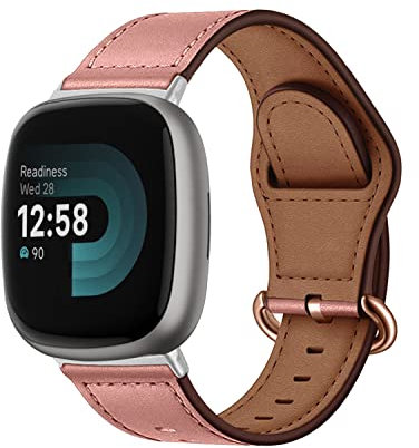 MiRowy Leder Armband Kompatibel mit Fitbit Versa 4/Versa 3 / Fitbit Sense 2/Sense, Uhrenarmband für Damen Herren, Premium Lederband Ersatzband, Rosa