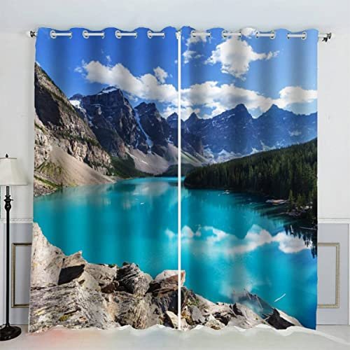 SUBIKA Vorhänge Ösen 2 Stück Gardinen 3D Drucken Moraine Lake Vorhang Polyester Schlafzimmer Geräuschreduzierung Luxus Hochwertig Landschaft Berge See Abdunklungsvorhänge 150x166（2x75x166）