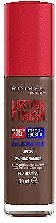 Rimmel Lasting Finish 35Hr Foundation 610 Tiramisu, Full Coverage, Hydrating, SPF20, Hyaluronic Acid, Vitamin E, 2% Niacinamide, All Day Wear, Vegan, Cruelty Free