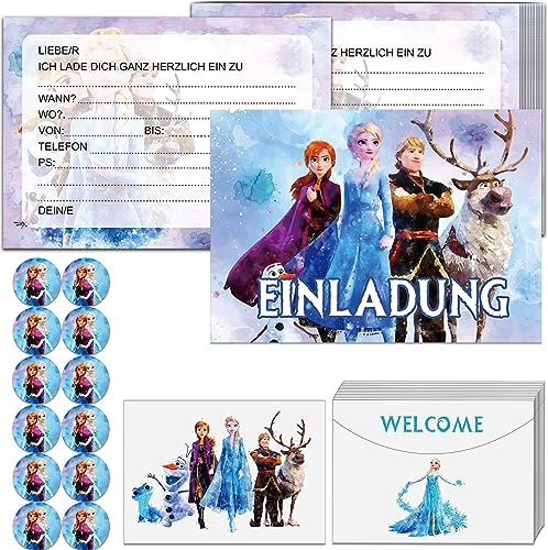 Einladungskarten Kindergeburtstag für Eiskönigin, 12er Set mit Umschlägen und Aufklebern, Einladungskarten Kindergeburtstag Mädchen und Jungen