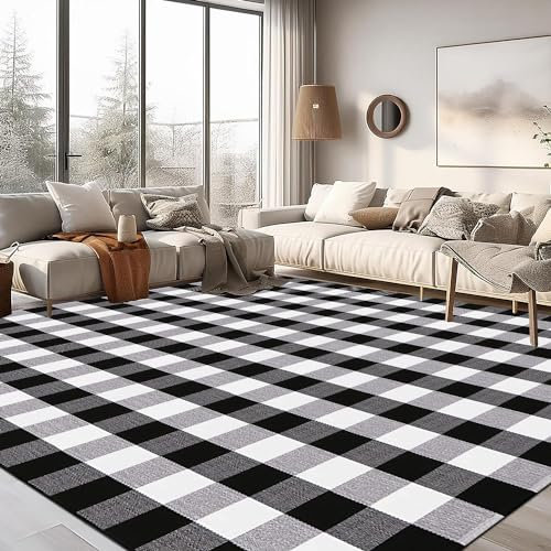 LHLJOYU Buffalo Plaid Rugs Black and White Area Rug, 14 x 19 cm, Baumwolle, handgewebt, kariert, waschbar, Outdoor-Teppich, Bauernhaus/Veranda/Wohnzimmer/Waschküche/Schlafzimmer (Plaid, 14 x 19 cm)