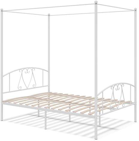 COSTWAY Double Canopy Bed Frame, Metal Platform Bed Base with Headboard, Footboard & 31cm Underbed Storage, Wooden Slat Support Mattress Foundation, No Box Spring Needed (White)