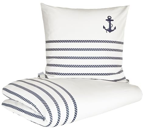 Zeitgeist Cuxhaven Bettwäsche 155x220 cm - 100% Baumwolle, Reißverschluss, 2 TLG Bettwäsche Set Maritim Anker weiß blau
