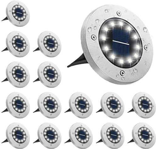 Bowfar 16 Stück Solar Bodenleuchten Aussen, Solarleuchten Garten mit 12 LEDs für Außen, 3000K Kaltweiß Wasserdicht Led Solar Gartenleuchten, Solarlampen für Rasen Auffahrt Gehweg Patio Garden