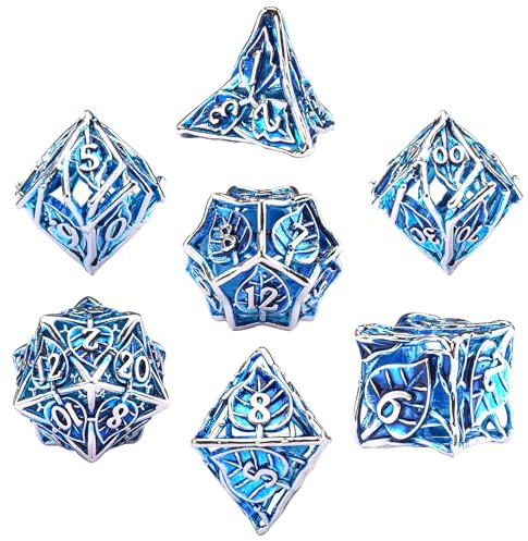 SIQUK 7 Stücke DND Würfel Set, Metall Würfel Spiel Polyedrische Würfel Hohles Spielwürfel Dungeons and Dragons Würfel für D&D MTG RPG(Blau & Silber)