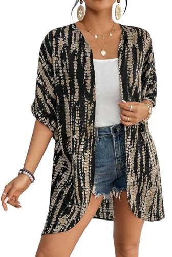 Bsubseach Frauen Tie Dye Kimono Strickjacke Loose Beach Cover Up Halbe Ärmel Bademode Bikini Cover Up Schwarz